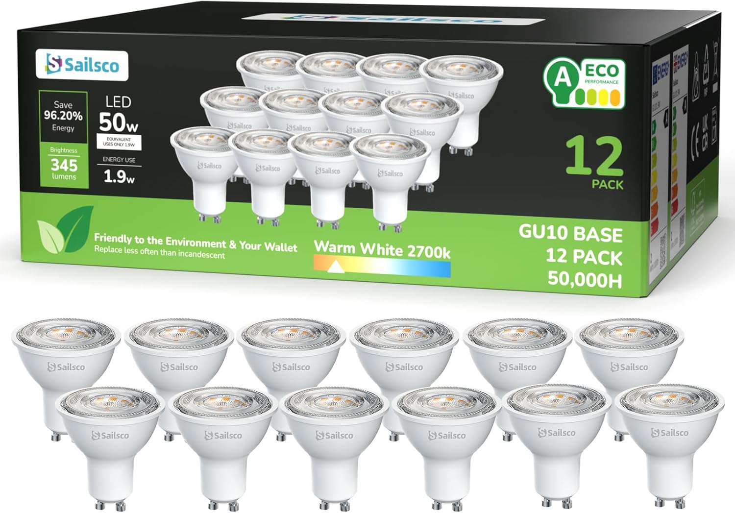 Classe A Ampoule GU10 LED Blanc Chaud Spot,1.9W équivalent 50W,345LM 2700K Ampoule LED GU10 Blanc Chaud,36° Angle Du Faisceau,Non-Dimmable,Lot de 12 Gu10 Spot-1.9w-2700k Lot de 12