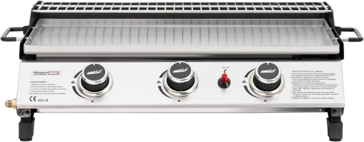 Plancha Gaz Propane en Acier Inoxydable, 3 Brûleurs Puissance 7.5kW, Surface Cuisson 61,5 x 32cm avec Grille de Réchauffage, Adapté pour Le Camping et l' Extérieur, Argent