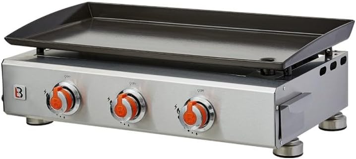 BRASERO - Plancha à gaz Alicia II INOX 3 Feux Surface Cuisson 67 x 34 cm - 3 brûleurs - Plaque Acier émaillée - Piezo intégré - Tiroir Graisse - Jusqu'à 10 convives - 7,5 KW