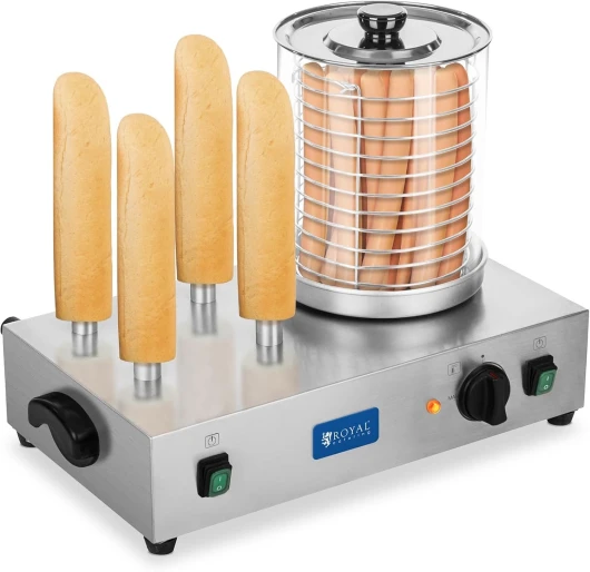 Machine à Hot Dog Professionnelle Appareil Hot Dog RCHW 2300 (Puissance 1 100 Watts, Température 0-95°C, Taille du Cylindre 24 cm, Diamètre du Cylindre 20 cm, 4 Fentes à Toast) Argenté