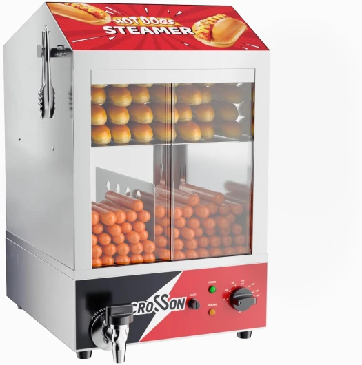 CROSSON Hot Dog Cuiseur vapeur, 42 L, chapeau hot-dog à 2 étages, cuiseur vapeur, 175 hot dogs et 50 sandwichs de capacité réchauffe-viennoiseries avec portes coulissantes visibles en verre trempé
