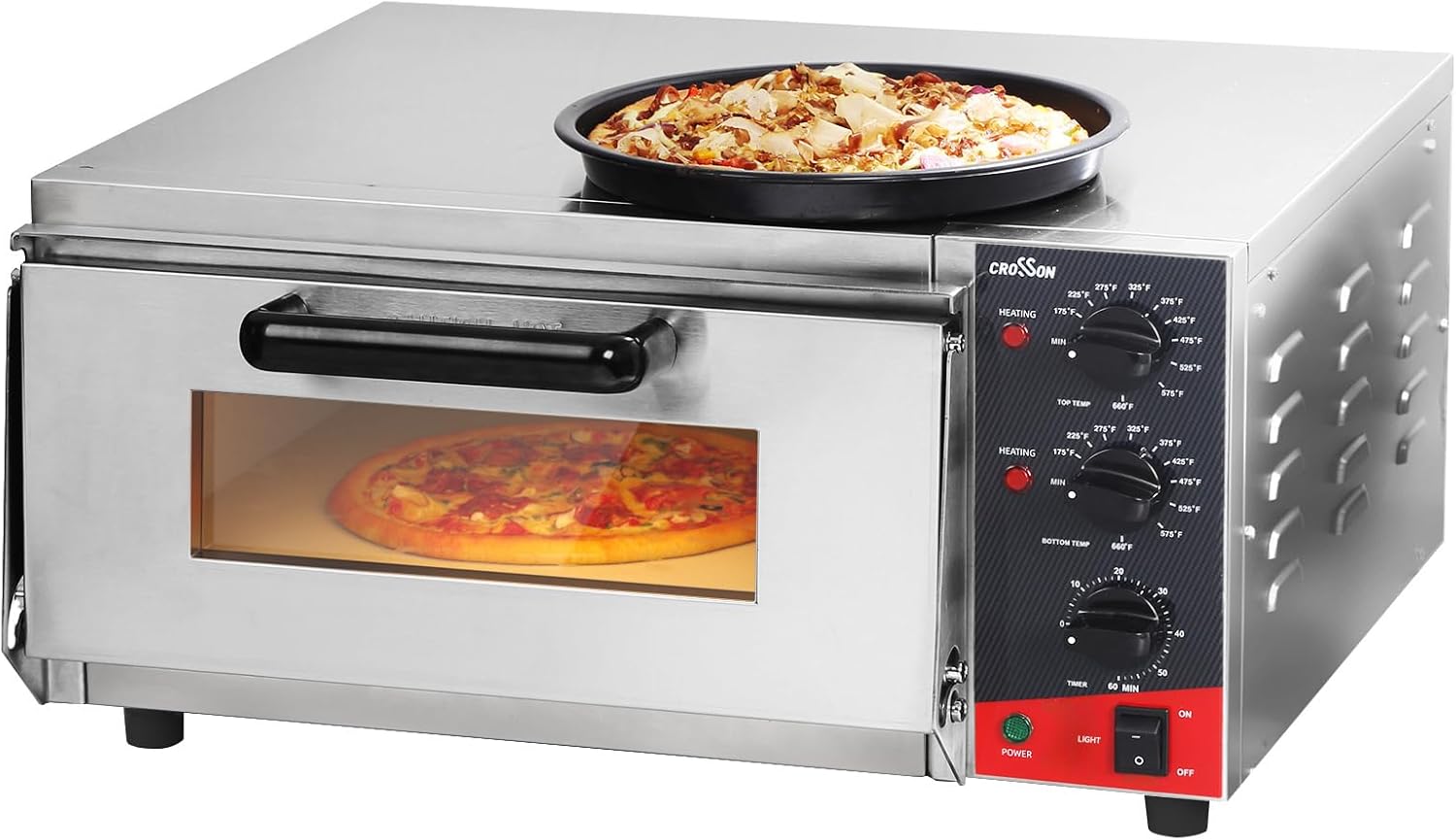 CROSSON Four à pizza électrique professionnel avec surface de cuisson 400 x 400 mm en pierre réfractaire pour pizza, pain et pâtisseries, température supérieure et inférieure indépendante jusqu'à 350 Single Deck