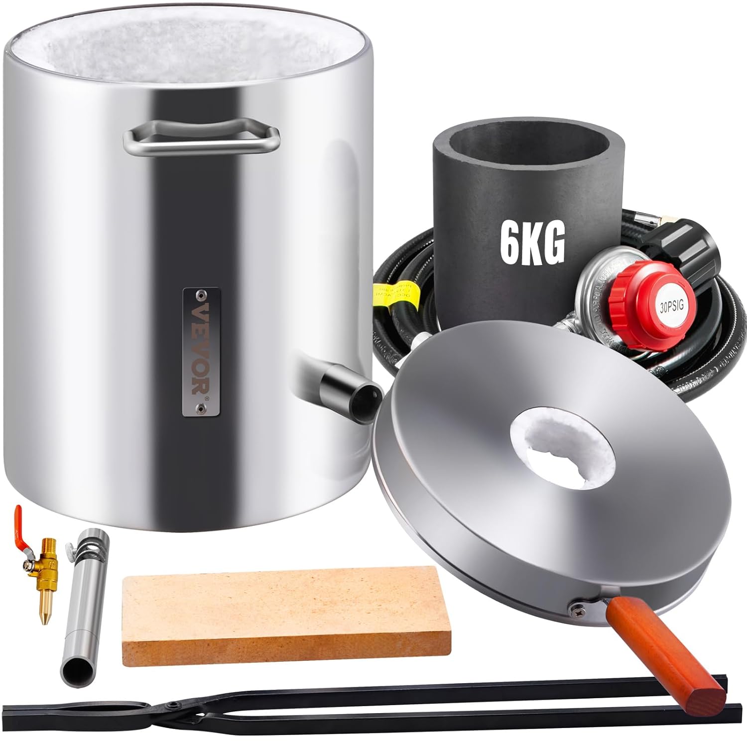 Four de Fusion à Gaz 6 kg 1482 ℃ Four à Propane Fonderie avec Creuset en Graphite Kit de Four de Fusion de Métal Corps en Inox 1 Brûleur Pince pour Fondre Or Alu Argent Recyclage des Ferrailles