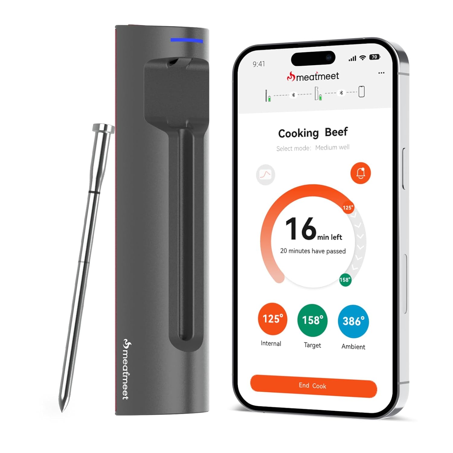 S Pro Thermomètre à viande avec Bluetooth, 6 capteurs de température fonctionnent simultanément, précision de ± 0,1 °C, surveillance par application avec minuterie et alarme, IP69 étanche et