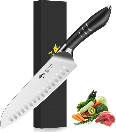 MAD SHARK Couteau Santoku de 20,3 cm - Couteau de cuisine japonais ultra tranchant en acier au carbone allemand - Manche ergonomique - Idéal pour couper, couper en dés et hacher - Cadeau unique pour