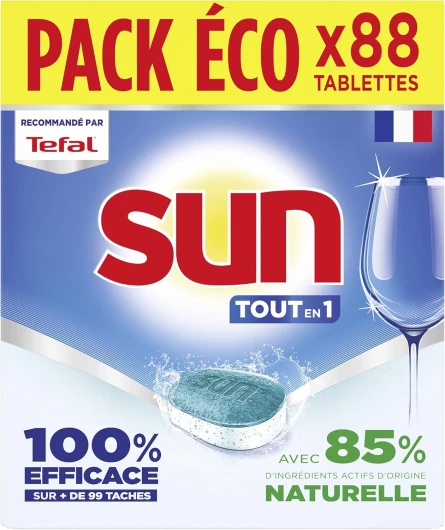 Pastilles lave-vaisselle Tout en 1 Regular - 88 tablettes - avec 85% d'ingrédients d'origine naturelle - 100% efficace sur + de 99 taches - Fabriqué en France 88 unité (Lot de 1)
