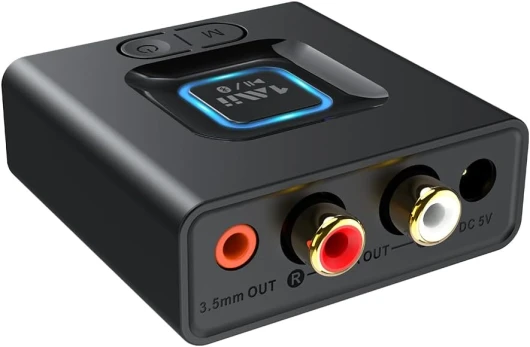 ML201 Recepteur Bluetooth 5.1, Adaptateur Bluetooth RCA 3.5mm Jack AUX, SBC AAC Recepteur pour Accueil Système Stéréo, Mode Basse, Taille Mini, Batterie Intégrée
