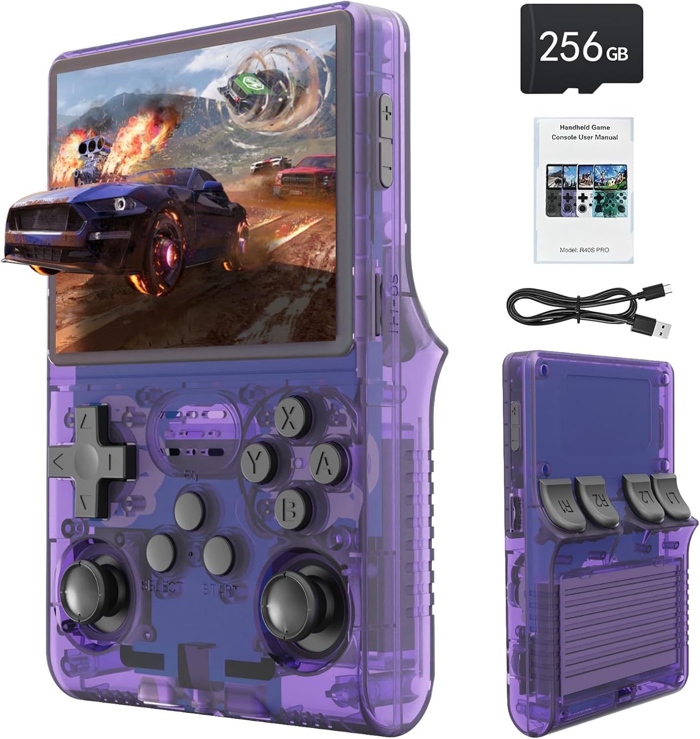 R40S Console de Jeu Portable, 30 000 Jeux rétro en 1 Console de Jeu avec système Linux Open Source, Carte TF 256 Go, écran IPS de 3.5" et Batterie 3 800 mAh (Violet Transparent)
