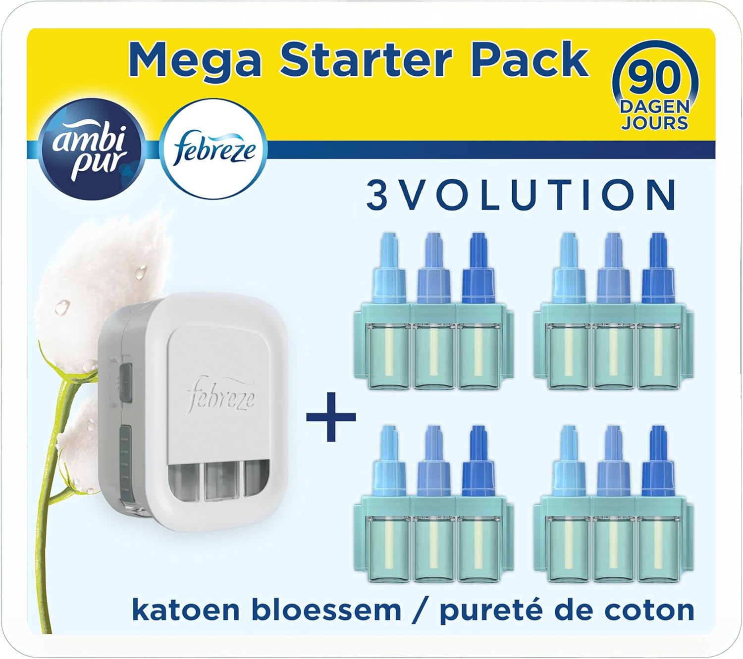 Febreze 3Volution Diffuseur Électrique Pureté De Coton, Kit Complet (Prise + 4 Recharges de 20ml), Désodorisant Maison avec Programmation Intelligente, Pour Un An de Fraîcheur 4 unité (Lot de 1)