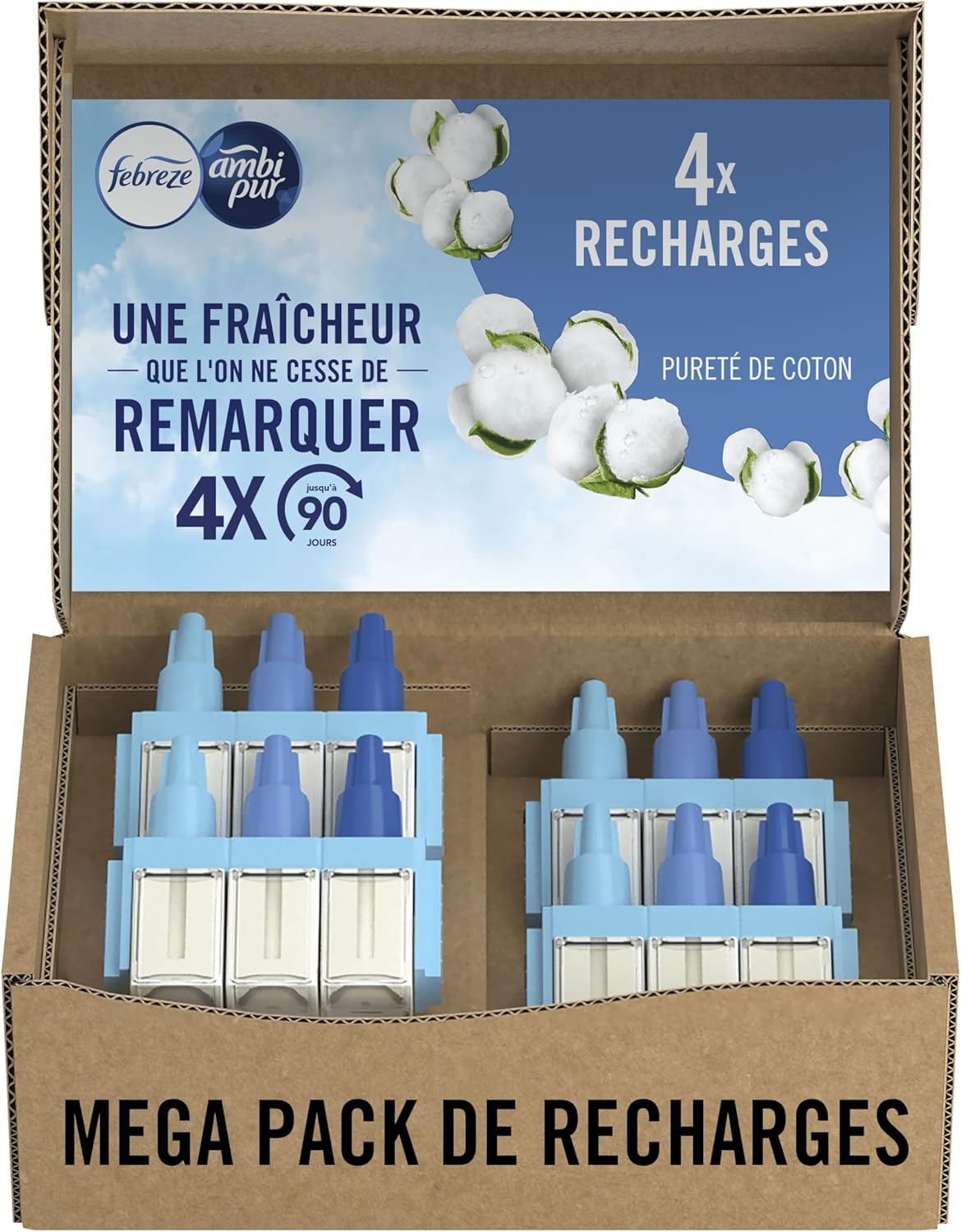 Febreze 3Volution Recharges Pureté de Coton pour Diffuseur Électrique, 4 x 20ml, Désodorisant Maison avec 3 Parfums en Alternance, Technologie OdourClear, Élimine les Odeurs