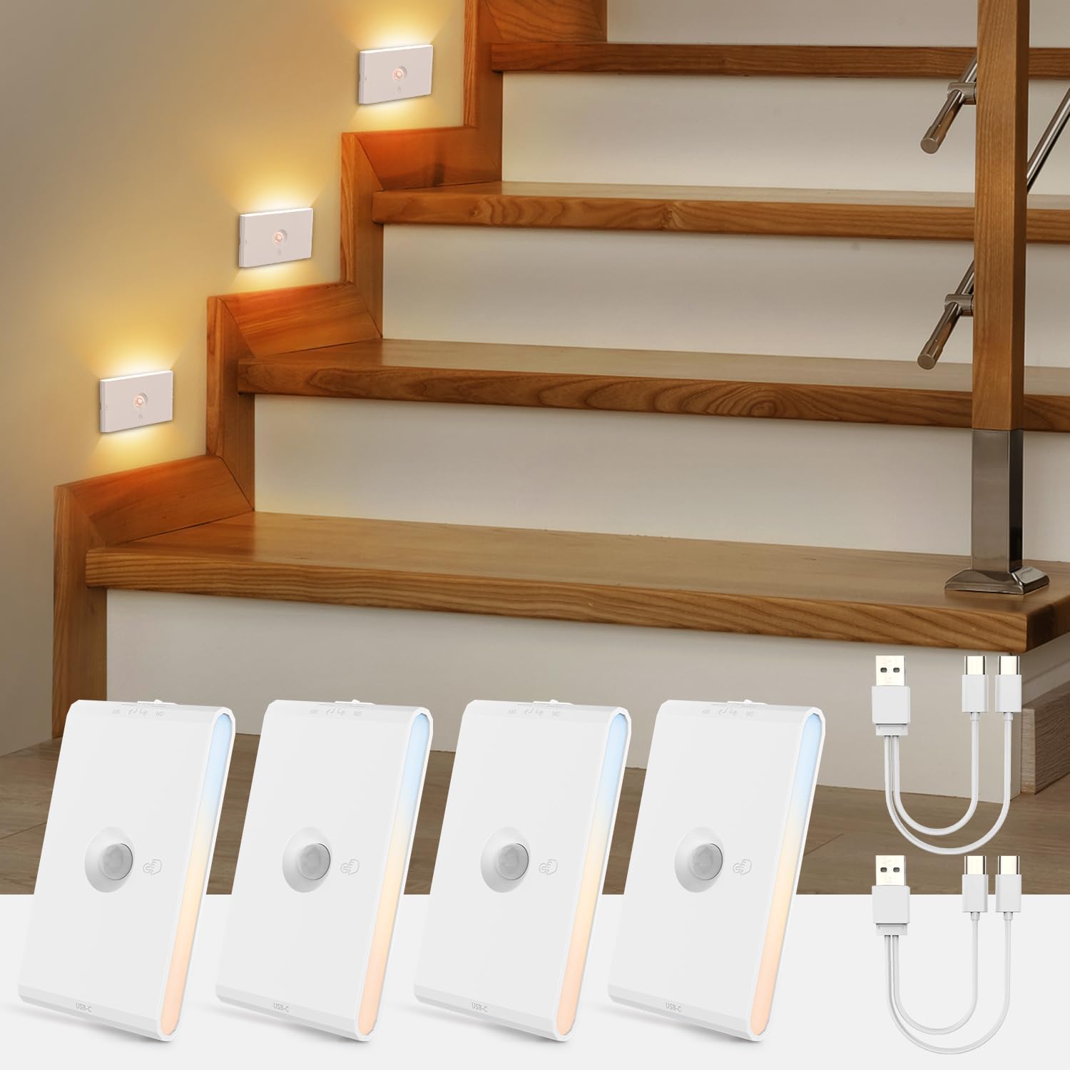Veilleuse Detecteur de Mouvement & Capteur de Crépuscule, Lampe Rechargeable USB 3 Mode AUTO ON/OFF, Lumiere LED Interieur Réglable 3 Températures de Couleur pour Couloir, Escalier, Chambre, Lot de 4