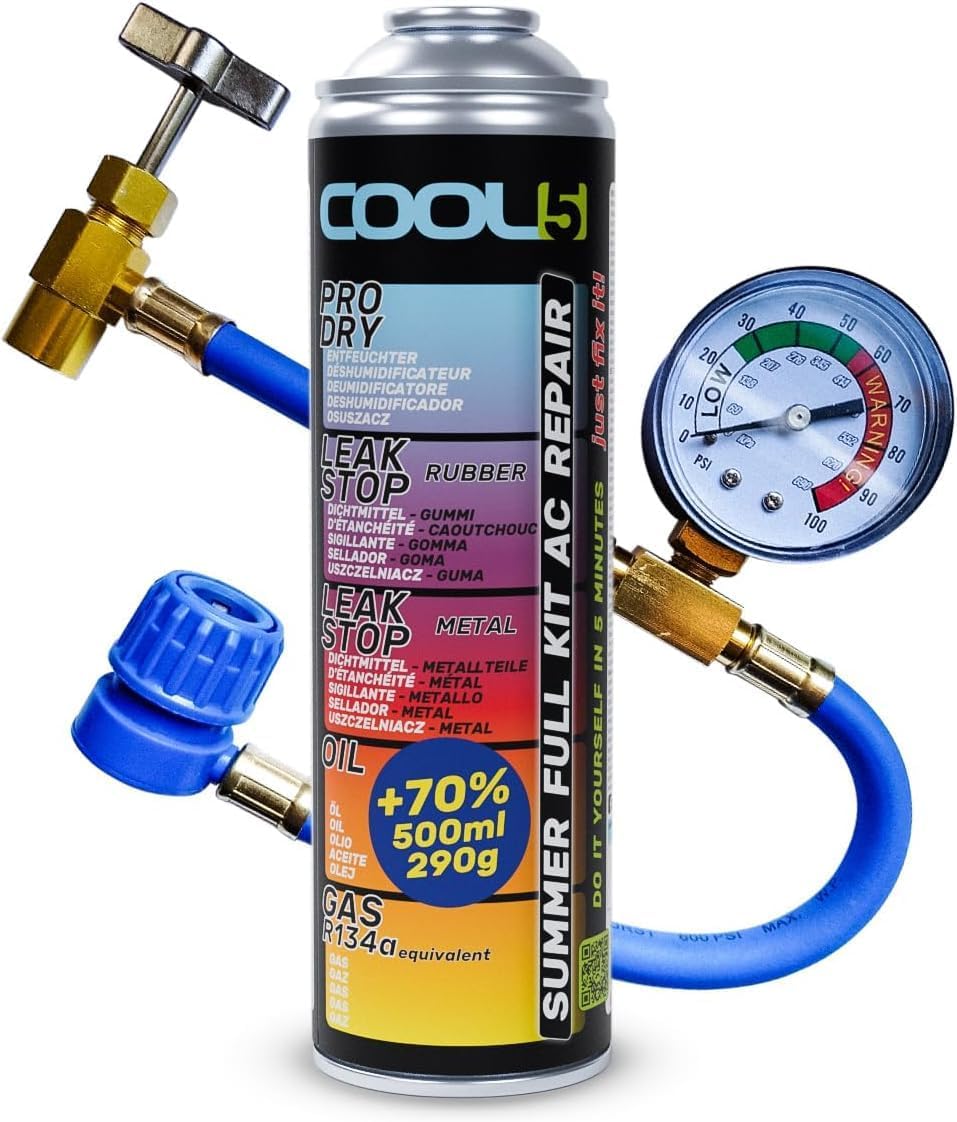 COOL5 réfrigérant de Remplacement r134a pour climatisation Automobile - 1 boîte 5en1, 290g + Conduite de Pression avec manomètre
