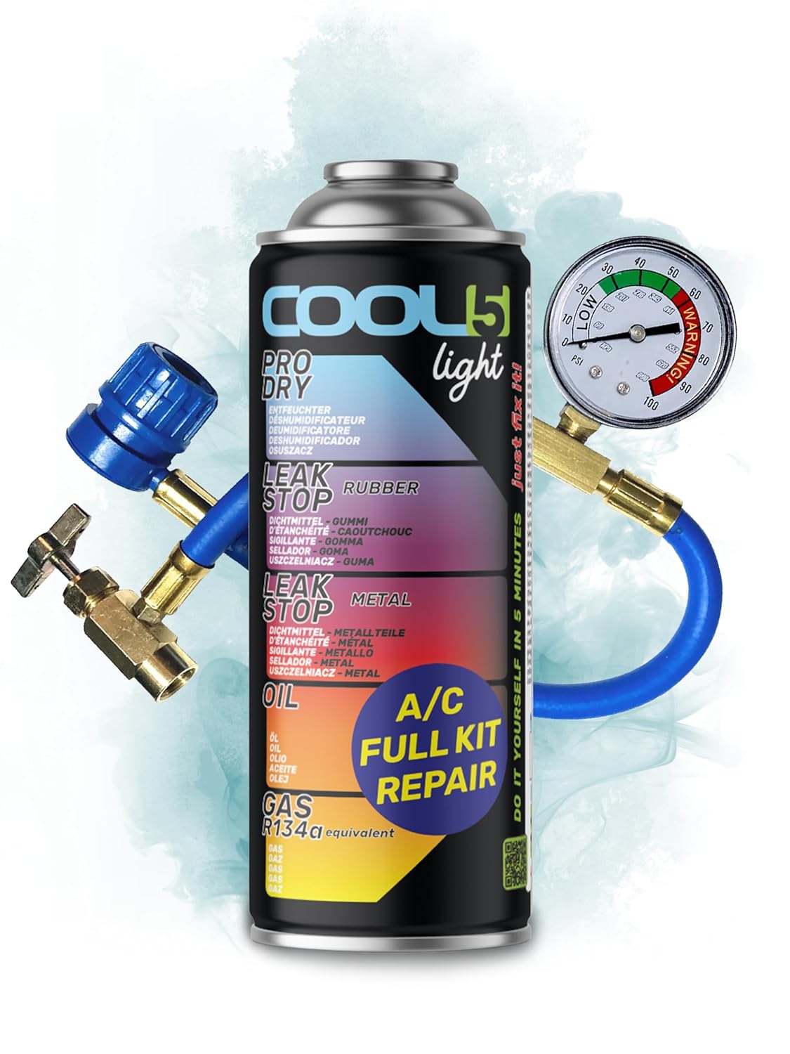 COOL5 recharge gaz de remplacement r134a, réfrigérant de remplacement r134a pour climatisation automobile - 1 boîte 5en1, 290 g + tuyau de mesure + APC 500ml 5 en 1 LIGHT, 235 g - R134a