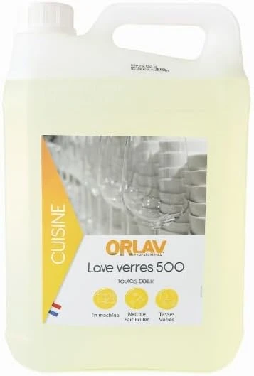 Liquide Lave-Verre Professionnel ORLAV E500 – Bidon 5L – Brillance Sans Traces – Spécial Lave-Vaisselle Verres & Vaisselle Fine – Usage CHR, Restauration, Collectivités