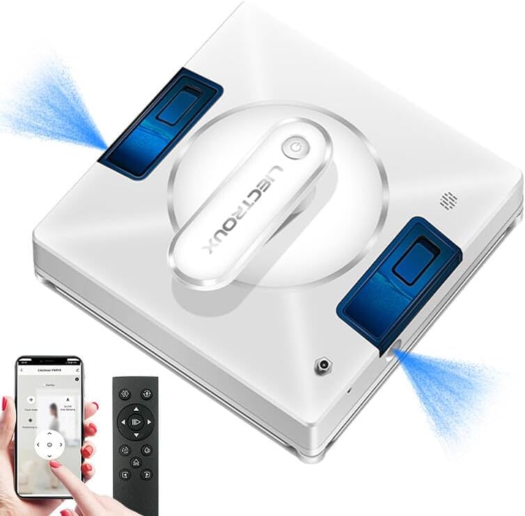 YW509 Robot Laveur de Vitres, Pulvérisation d'eau dans Les 4 Sens, Robot Nettoyeur de vitres, Aspirateur Puissant, Mémoire Intelligente, Application et télécommande, Messages vocaux