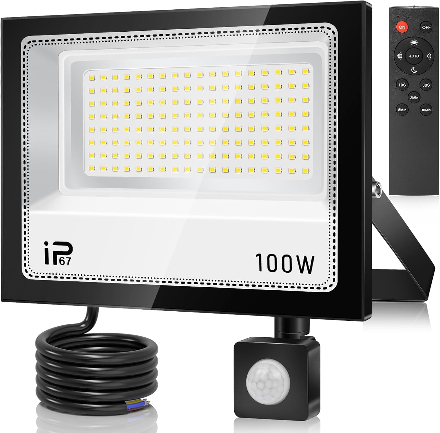 100W Projecteur LED Détecteur de Mouvement et Télécommande,10000LM Projecteur Extérieure LED,7000K Blanc Froid Spot LED Extérieur,IP67 Etanche Eclairage Exterieur pour Jardin Garage Entrée 100W-1PC