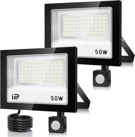 Projecteur LED Exterieur Detecteur de Mouvement 50W 2 Pièces,5000LM 7000K Blanc Froid Eclairage Exterieur, IP67 Etanche Spot LED Avec Détecteur,72 LEDs Lampe Exterieur pour Terrasse Garage Jardin 50W-2PC