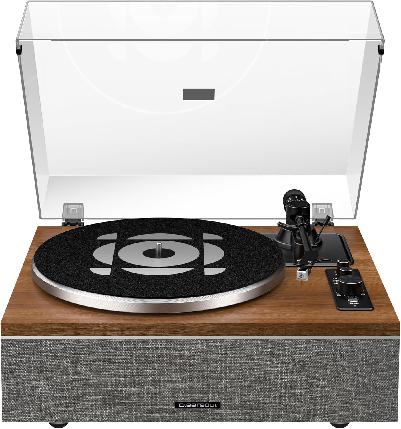 Platine Vinyle Qlearsoul One-S Tout-en-Un avec Haut-parleurs Intégrés DSP, Tourne-Disque Vintage Bluetooth Entrée/Sortie, Préampli Phono, Cellule AT-3600L, 33/45 Tours (Noyer)