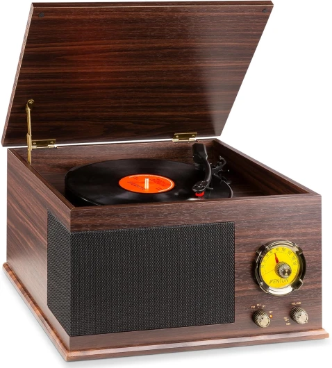 Fenton RP173 Platine Vinyle Design Retro Vintage - Bois Foncé, Récepteur Bluetooth, Haut-Parleur Stéréo Intégré, Conversion des Vinyles en Fichier MP3, pour 33, 45 et 78 Tours, Sortie RCA, Radio FM