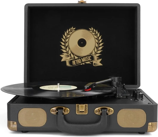 Veliz Lecteur de disques vinyles Bluetooth 3 Vitesses Portable Classique avec Haut-parleurs intégrés, RCA Line Out AUX sur Prise Casque Classique, Noir Noir-2
