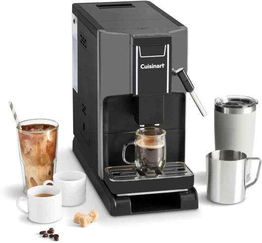 Machine à Café Auto, 4 cafés en 1 touche : Espresso, Americano, Cold Brew - Mousseur à lait intégré - De la fève à la tasse - Base réglable - Bouton Favoris Gris Machine à café automatique