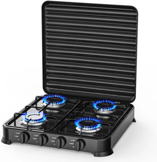 Réchaud à gaz 4 feux 8800W Plaque de cuisson gaz portable Noire Gaz Butane ou Propane Bruleurs inox Plaque de cuisson sans connectique