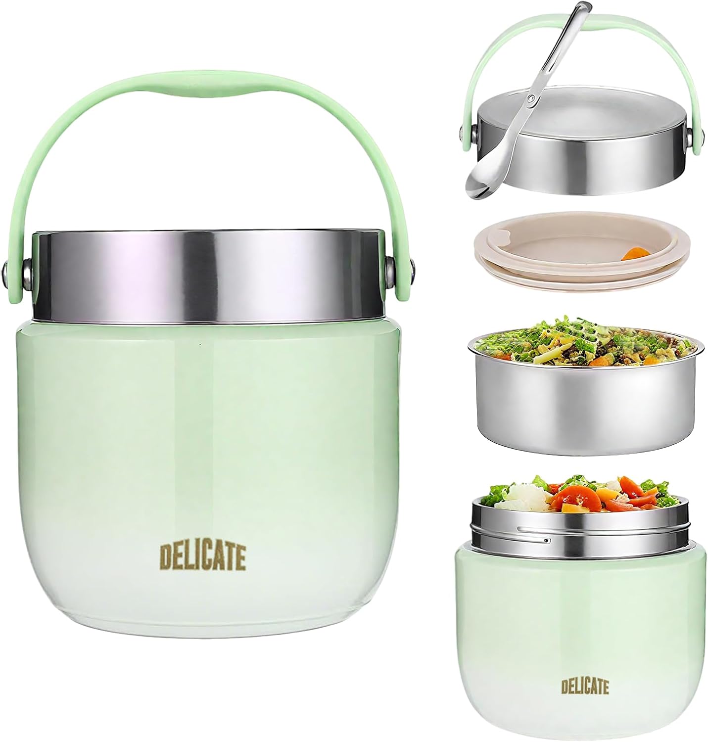 Vlecexs Récipient isotherme pour aliments, 1200 ml, avec couvercle, récipient de maintien au chaud en acier inoxydable avec cuillère, thermos pour aliments anti-fuite, pour soupes, porridge pour bébé