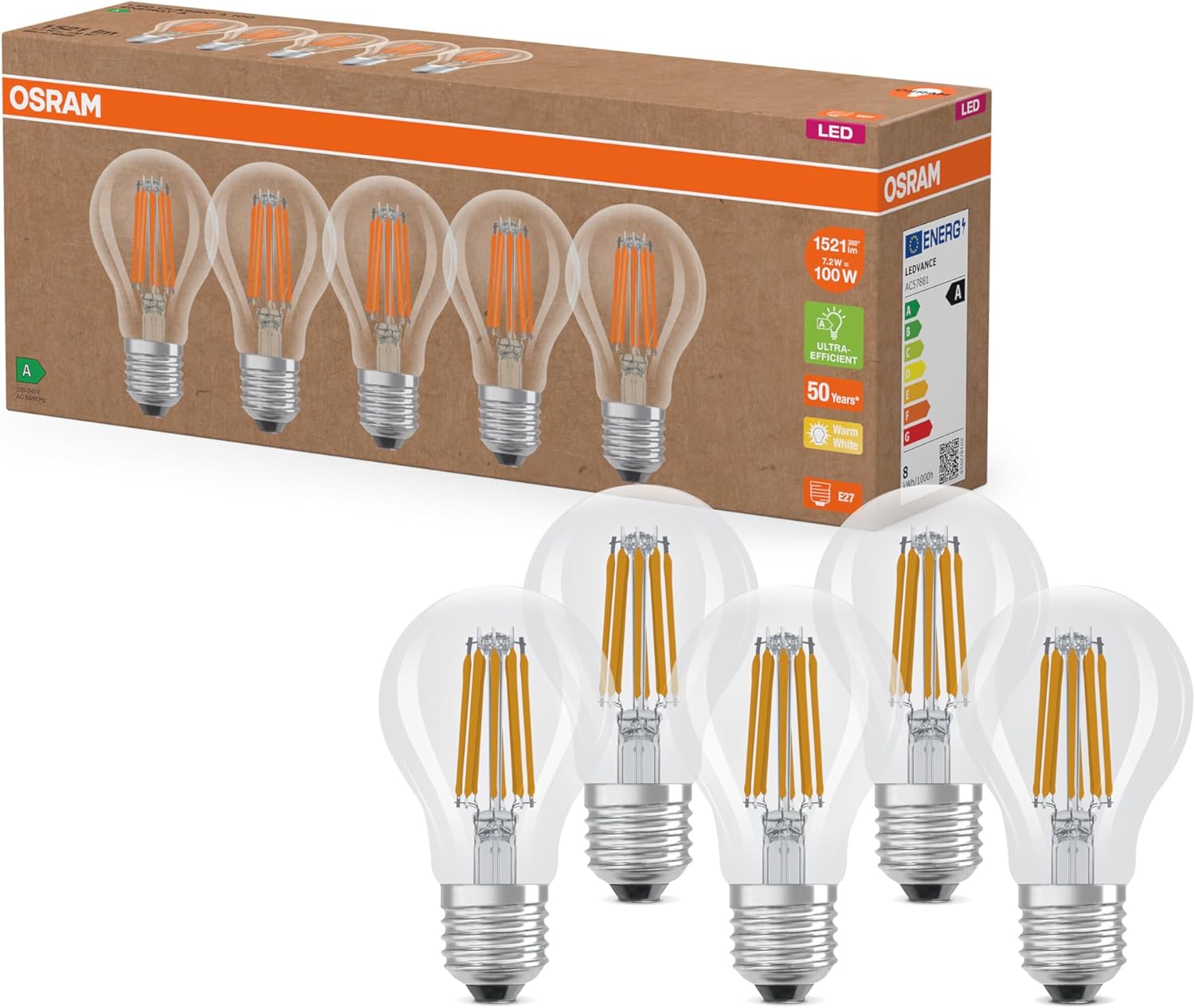 Lampes LED très efficaces avec classe d'efficacité énergétique A, Pack avantage avec 5 ampoules, remplace les ampoules à incandescence 100W, blanc chaud, E27,verre filament Blanc Chaud Paquet de 5 Équivalent 100W Clair