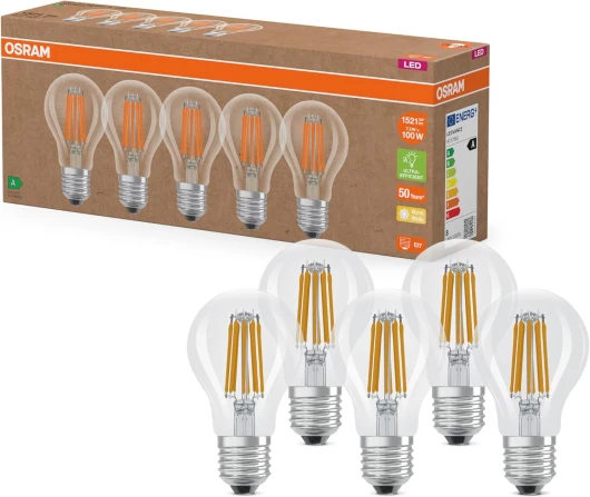 Lampes LED très efficaces avec classe d'efficacité énergétique A, Pack avantage avec 5 ampoules, remplace les ampoules à incandescence 100W, blanc chaud, E27,verre filament Blanc Chaud Paquet de 5 Équivalent 100W Clair