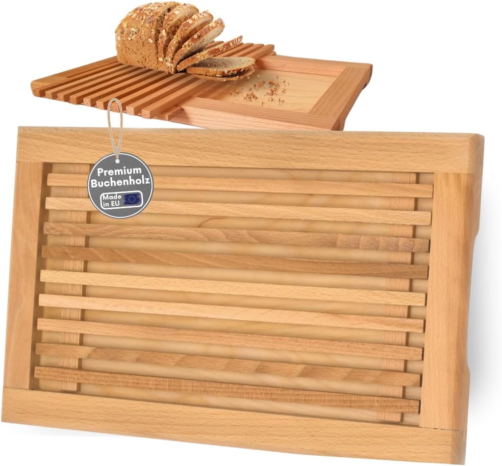 Planche à pain fabriquée en UE avec grille ramasse-miettes et poignées en bois de hêtre huilé – 40 x 25 cm – Planche à découper pour pain, baguettes et petits pains, planche de service, huilée et Planche à pain en bois de hêtre