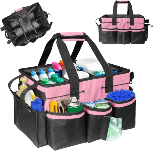 Sac de Nettoyage Portable, Organiseur de Fournitures de Nettoyage avec poignée, Bretelles et séparation Amovible, Organiseur d'outils de Nettoyage pour nettoyeurs et Femmes de ménage (Rose)