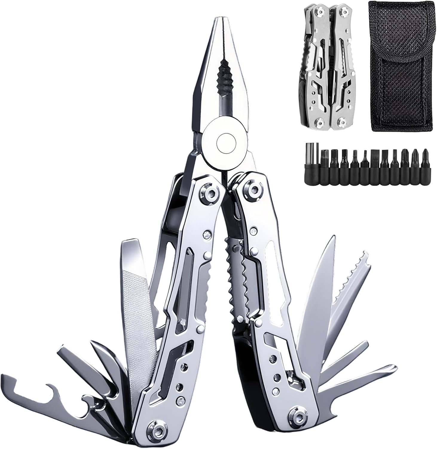 Pince Multifonction en Acier Inoxydable 25 en 1, Couteau Multifonction avec Sac en Nylon, Outil Multifonction, Camping Accessoires pour Camping Extérieur Randonnée Survie Réparation Argent