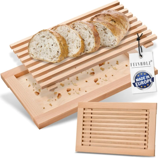 Planche à pain avec ramasse miettes • 40 cm x 25 cm • Produit en Europe • Planche Pain Bois • Planche à Découper Pain • Ramasse Miette •