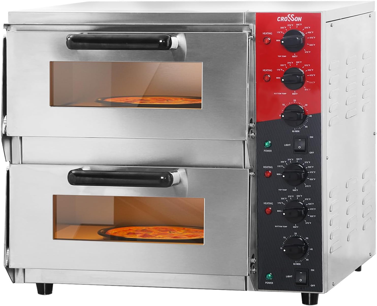 Four à pizza électrique professionnel CROSSON avec surface de cuisson 400x400 mm en pierre d’argile réfractaire pour pizza et pain, température supérieure et inférieure indépendante jusqu’à 350°C