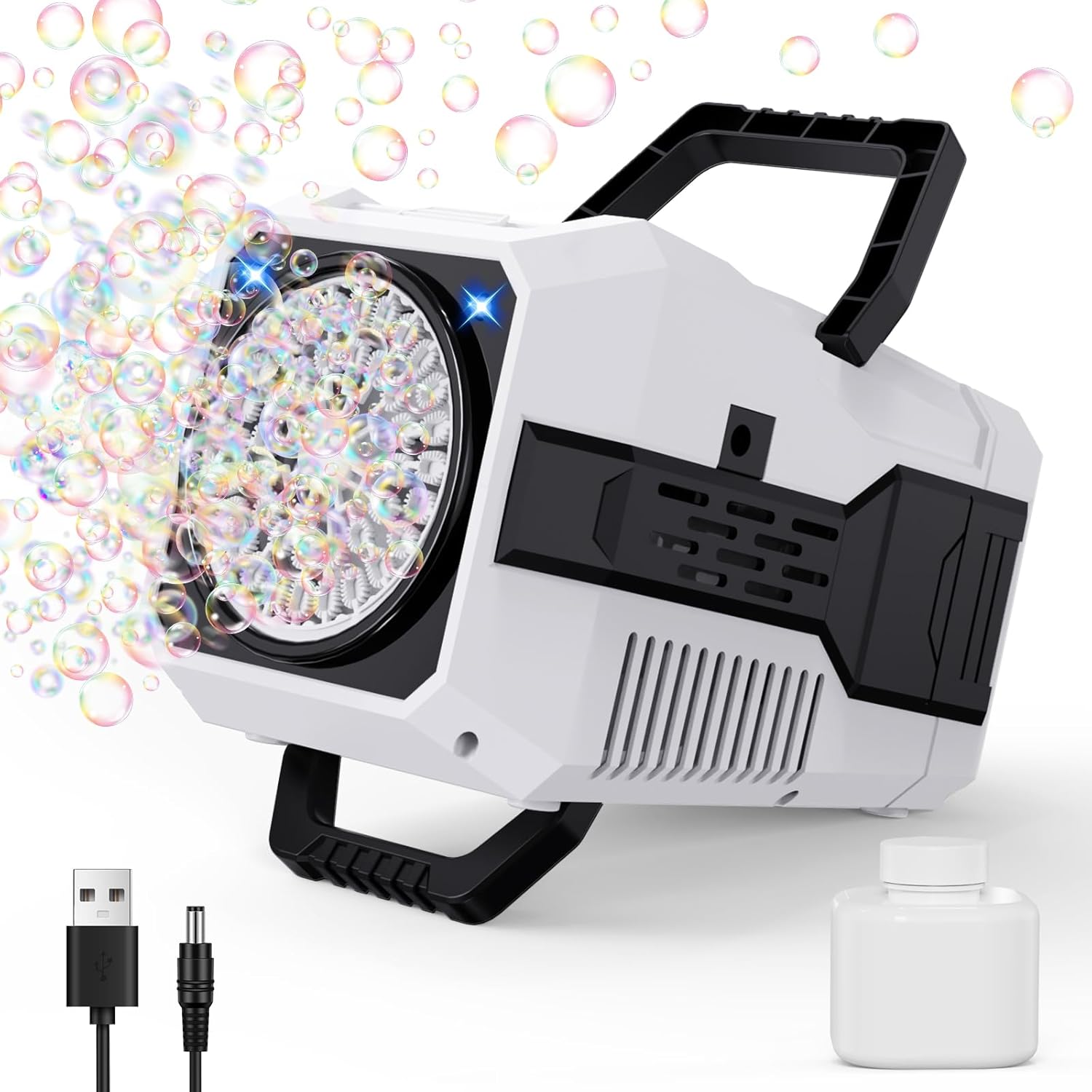 Machine à Bulles, Machine à Bulles Automatique pour Enfants 10000+ Bulles par Minute, Machine à Bulles Portable Rechargeable avec 6 Grands Trous/2 Solutions pour extérieur Mariage fête