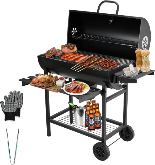 Barbecue Charbon de Bois,avec Grille de Cuisson XXL,Gants Anti-BrûLures, ThermomèTre,Tiroir à Cendres, éVent RéGlable,Grand Barbecue au Charbon de Bois (Basic) Wear gloves and clips