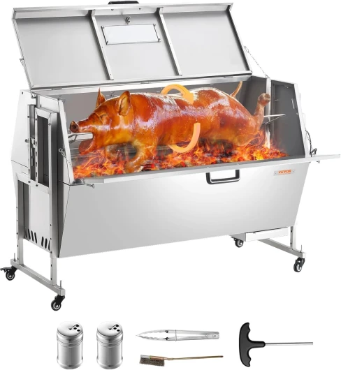 Barbecue à Charbon avec Tournebroche Électrique 60 W, Rôtissoire Barbecue Capacité de Charge 130 kg, en Inox, avec Couvercle et Roues Verrouillables, pour Agneau Porcelet Poulet, Camping