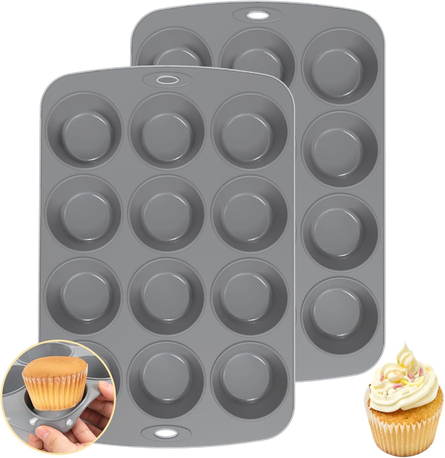 Vinuwu 2 Pièces Moule Muffin, Moule Muffins Silicone - 12 Cupcakes, Anti-Adhésif Moules à Pâtisserie, Sans BPA Moule à Gateau pour Brownies, Pudding - Ø 6,5 x 3.5 cm