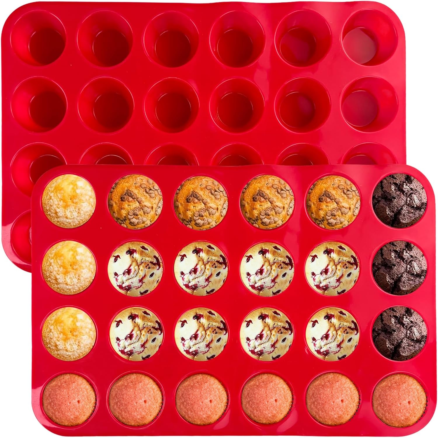 Xpieoyrm 2 Pièces Moule Silicone Patisserie, 24 Moules à Cupcakes et Muffins, Plateau à Muffins En Silicone, BPA Free, Plaque à Anti-AdhéSif Moule à PâTisserie, pour Pudding, Tartelette, Brownies 24 grilles Rouge