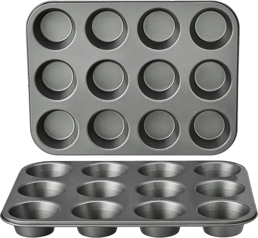 Ronde moules à muffins en acier carbone antiadhésif, Lot de 2, Gris Moules à muffins uniquement