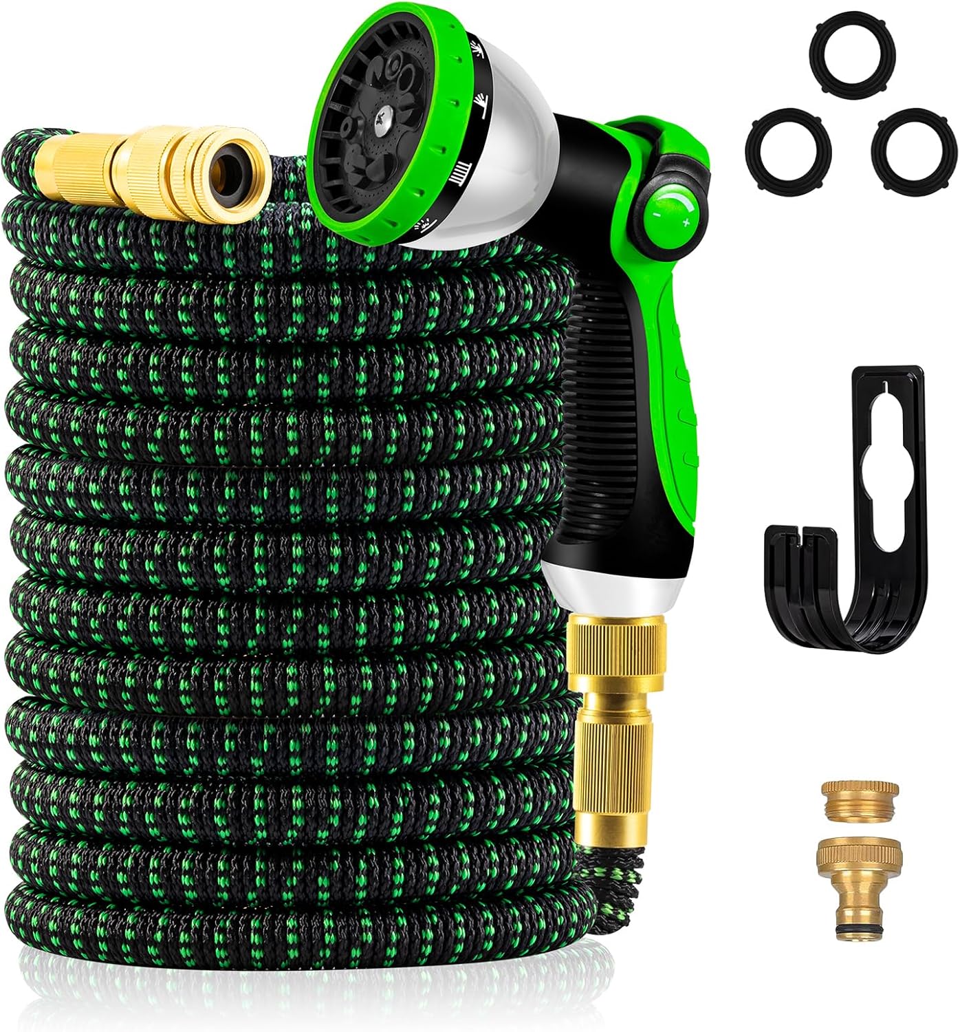 Tuyau Arrosage Extensible - 15m/50FT Tuyau d'arrosage Flexible avec 10 Modèles de Pulvérisation, Connecteurs Métalliques 1/2" et 3/4" Garden Hose pour Jardin, Arrosage, Nettoyage 15m Noir Vert