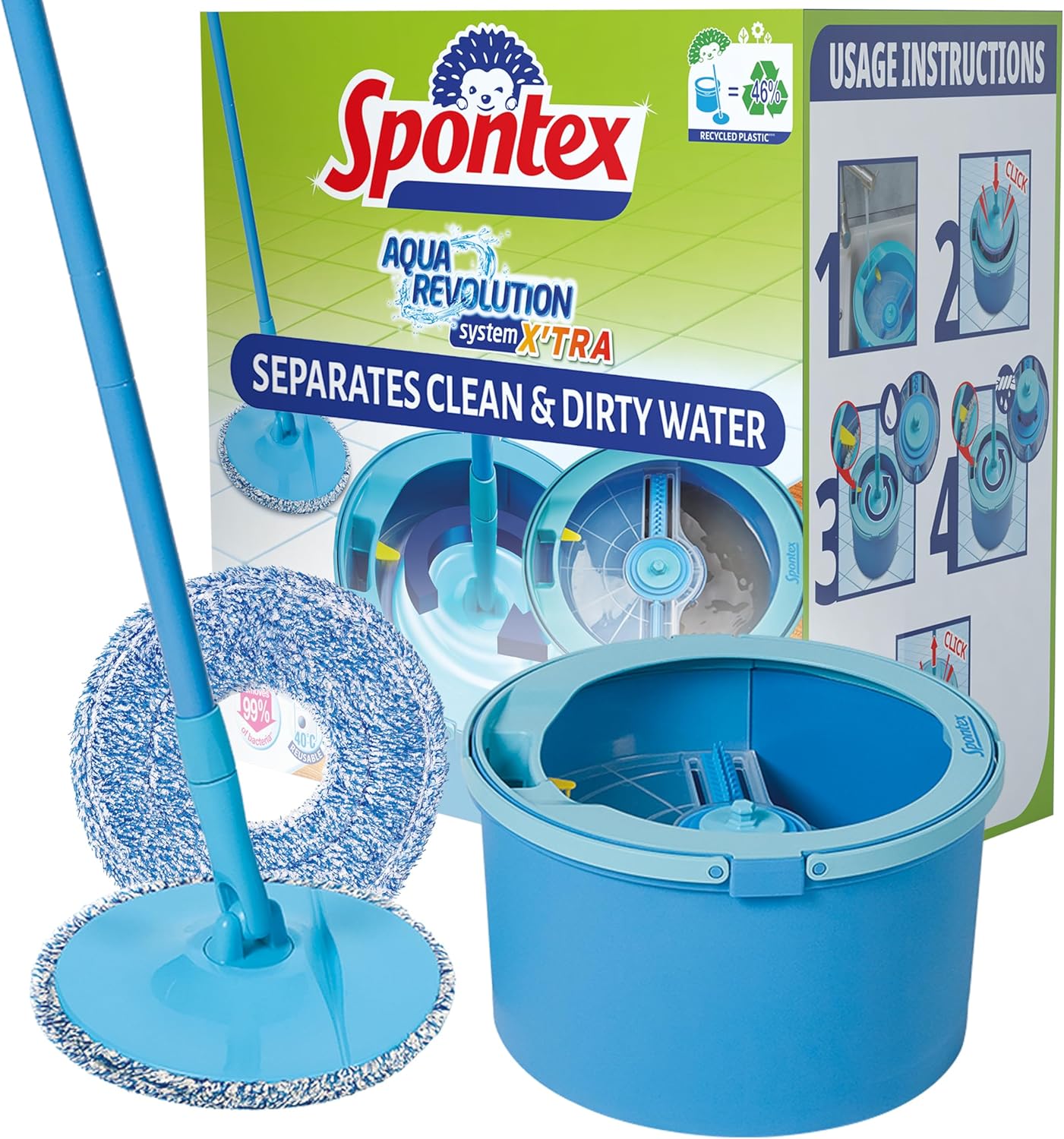 Aqua Revolution X'tra Kit balai serpillère et seau - Sépare l’eau propre de l’eau sale - Nettoie tous les sols - Balai serpillère rotatif et 2 recharges de tête de balai en microfibre Aqua Revolution System + 1 recharge