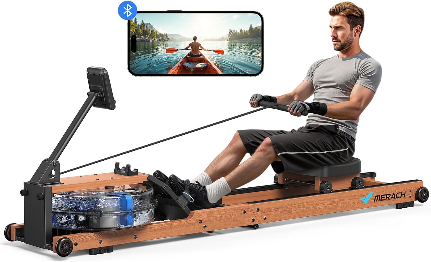 Rameur à Eau MERACH Pliable en Bois, Bois d'hévéa et chêne Rouge, siège Confortable, Application Exclusive avec Jeu de Cartes interactif,idéal pour Le Fitness à Domicile R28 Pliable