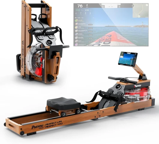 Rameur pour la Maison en chêne, rameur d'eau Pliable avec écran Bluetooth et 30 Jours d'abonnement Kinomap Gratuit, rameur avec Support de Tablette réglable, Charge maximale 150 kg PW60 Oak
