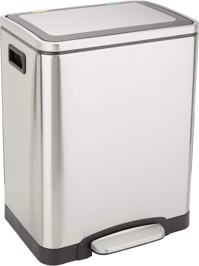 Poubelle 30 L avec deux compartiments et pédale en tube d'acier - fermeture amortie avec couvercle, pour cuisine, salle de bain ou bureau, rectangulaire, satinée, en acier inoxydable