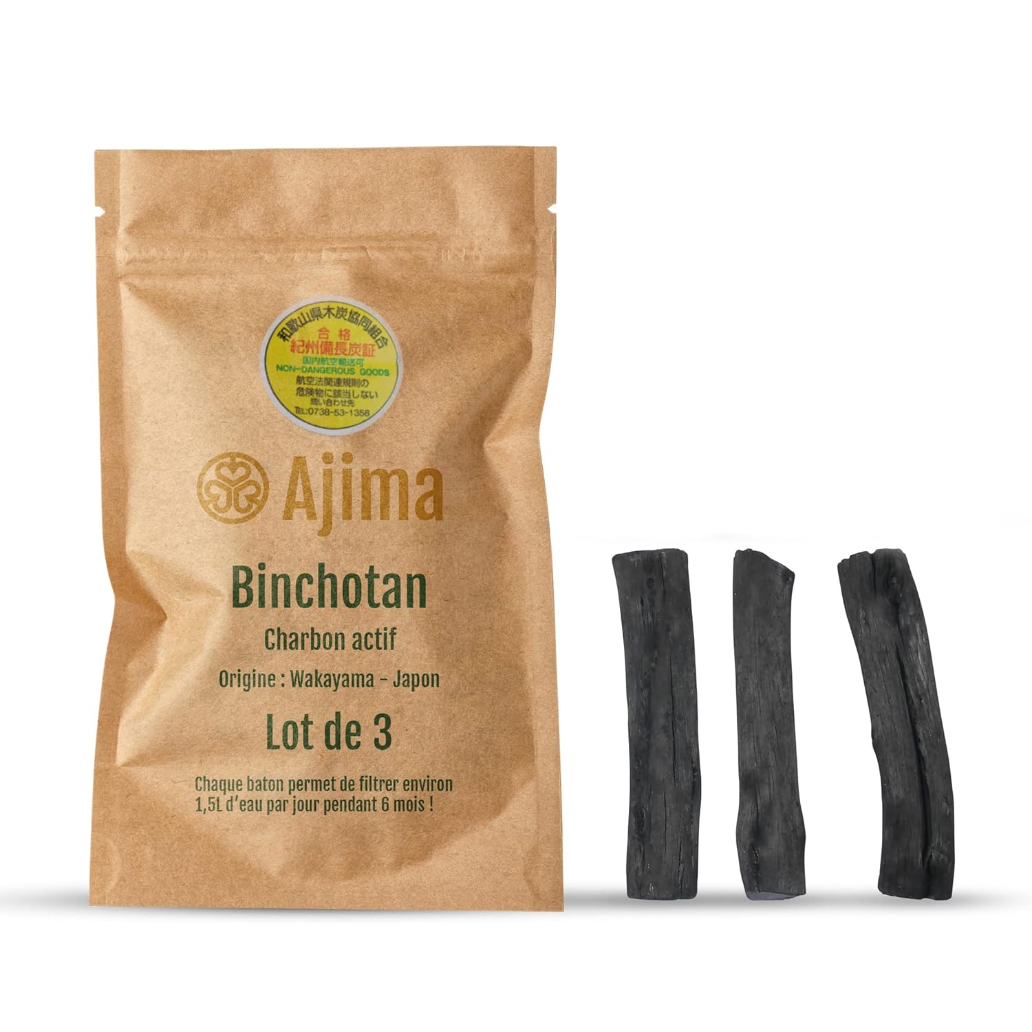 Ajima Binchotan Charbon Actif Eau - Baton de Charbon Bio Purificateur d'Eau Naturel x3 - Chaque Baton Filtre Environ 1.5 L - Charbon de Chêne de Wakayama Vrai - Idéal pour Filtrer l'Eau en Carafe