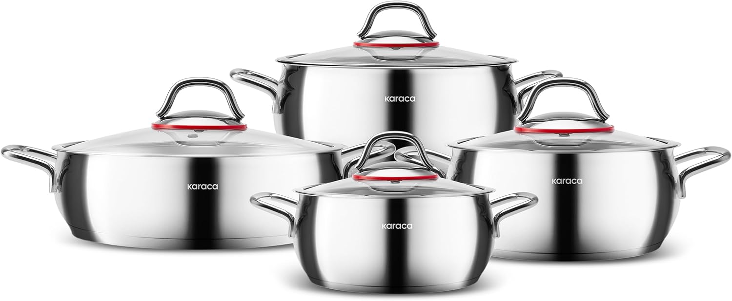 Emirgan Set de Casseroles 8 pièces en Acier Inoxydable, Set de Casserole Inox Induction, Couvercles en Verre, Compatible Lave-vaisselle, Batterie de Cuisine Argent Variety Pack Argenté.
