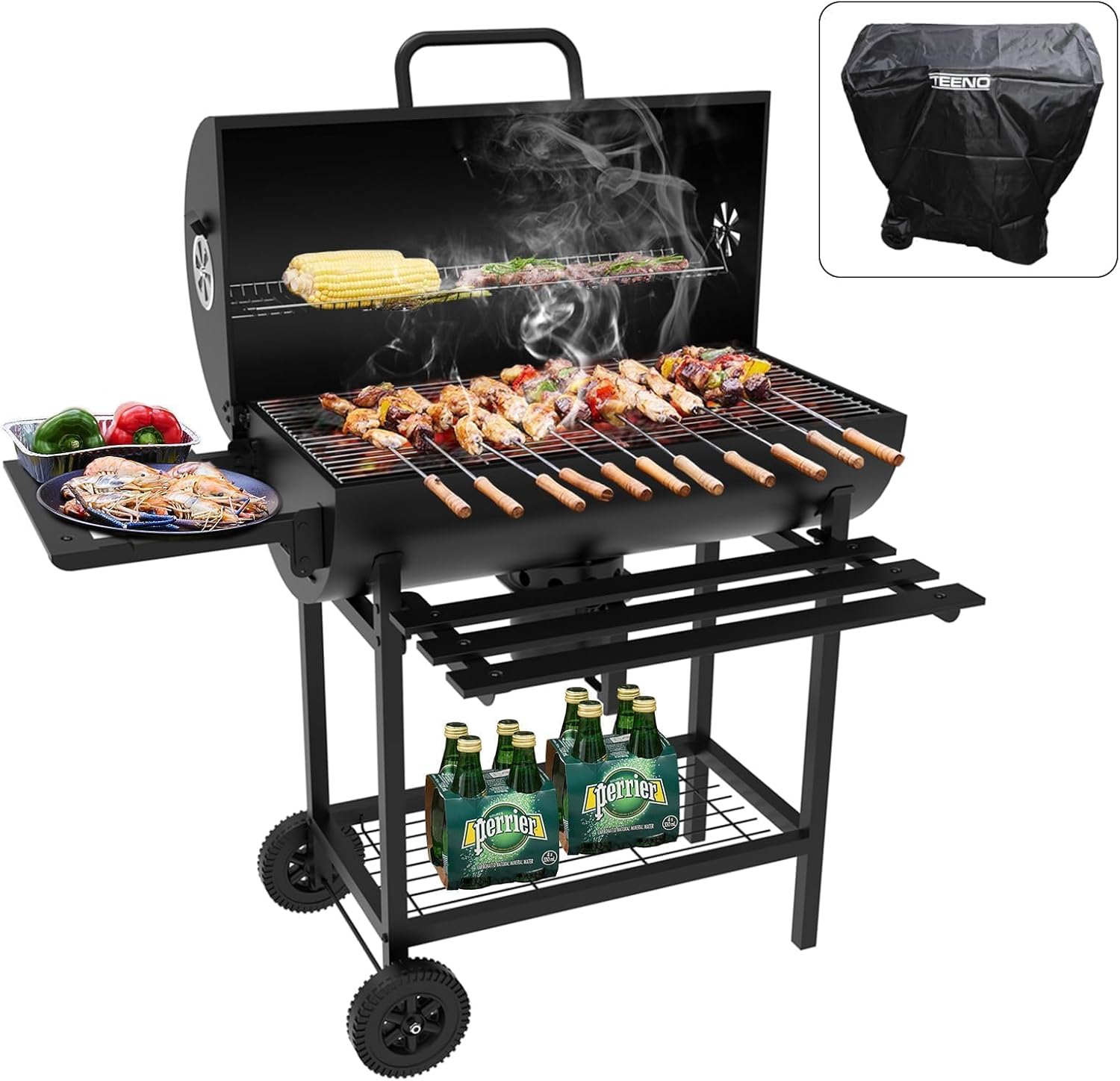 Barbecue Charbon de Bois,avec Grille de Cuisson XXL avec Deux éTagèRes, éVent RéGlable,Barbecue Boule, Gants Anti-BrûLures,Barbecue Charbon de Bois Portable (with Cloth Cover)
