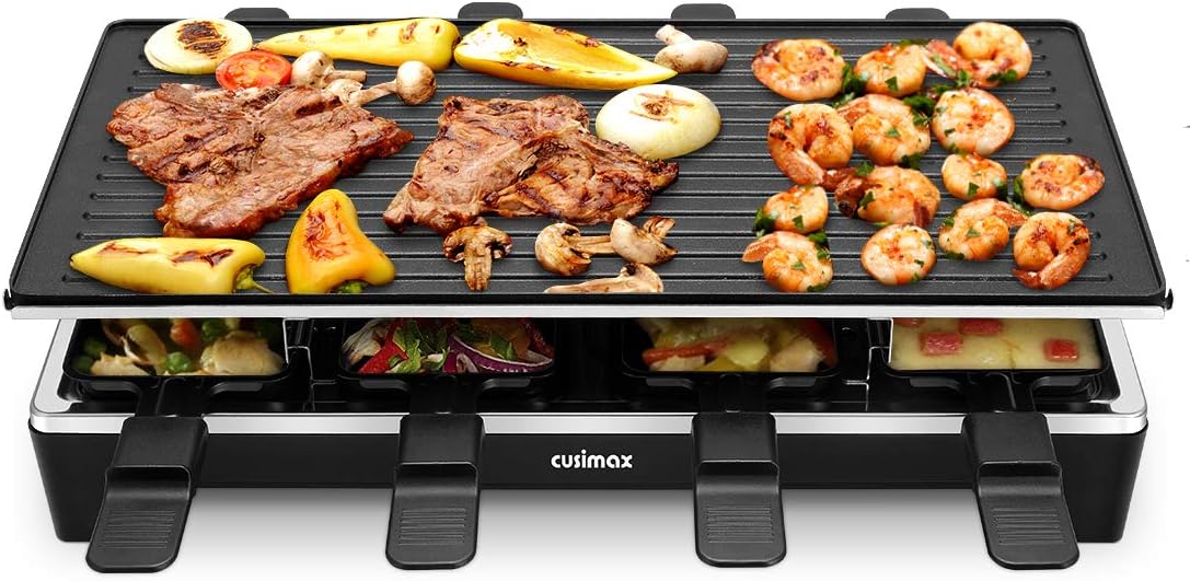Cusimax 1500W Raclette Gril Alu Multifonction 8 Personnes, Poêles antiadhésif, Gril électrique, Appareil à Raclette, Plaque de cuisson Réversible, Thermostat réglable, CMRC-300, Noir