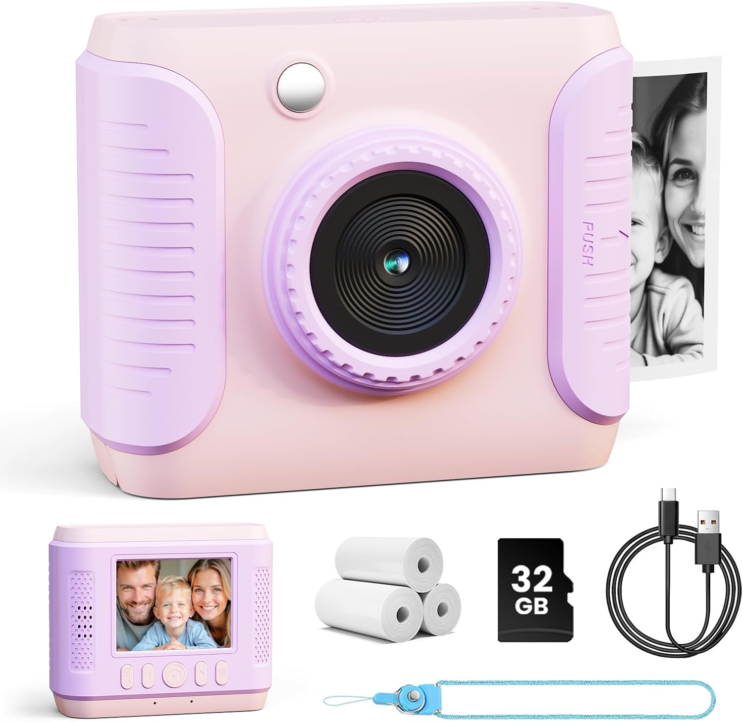 CalineGam Appareil Photo Instantané Enfant, 1080P HD Appareil Photo Numérique Enfant avec Carte 32 Go et Papier Photo, 2,4 Pouces Jouets Enfants, Cadeaux pour Garçons & Filles de 3 à 12 Ans (Rose)
